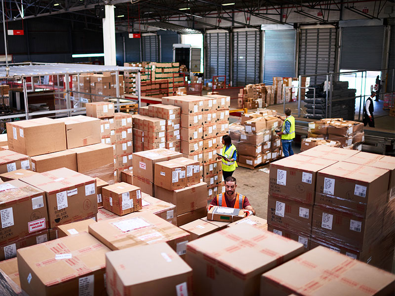 Warehouse with workers and boxes